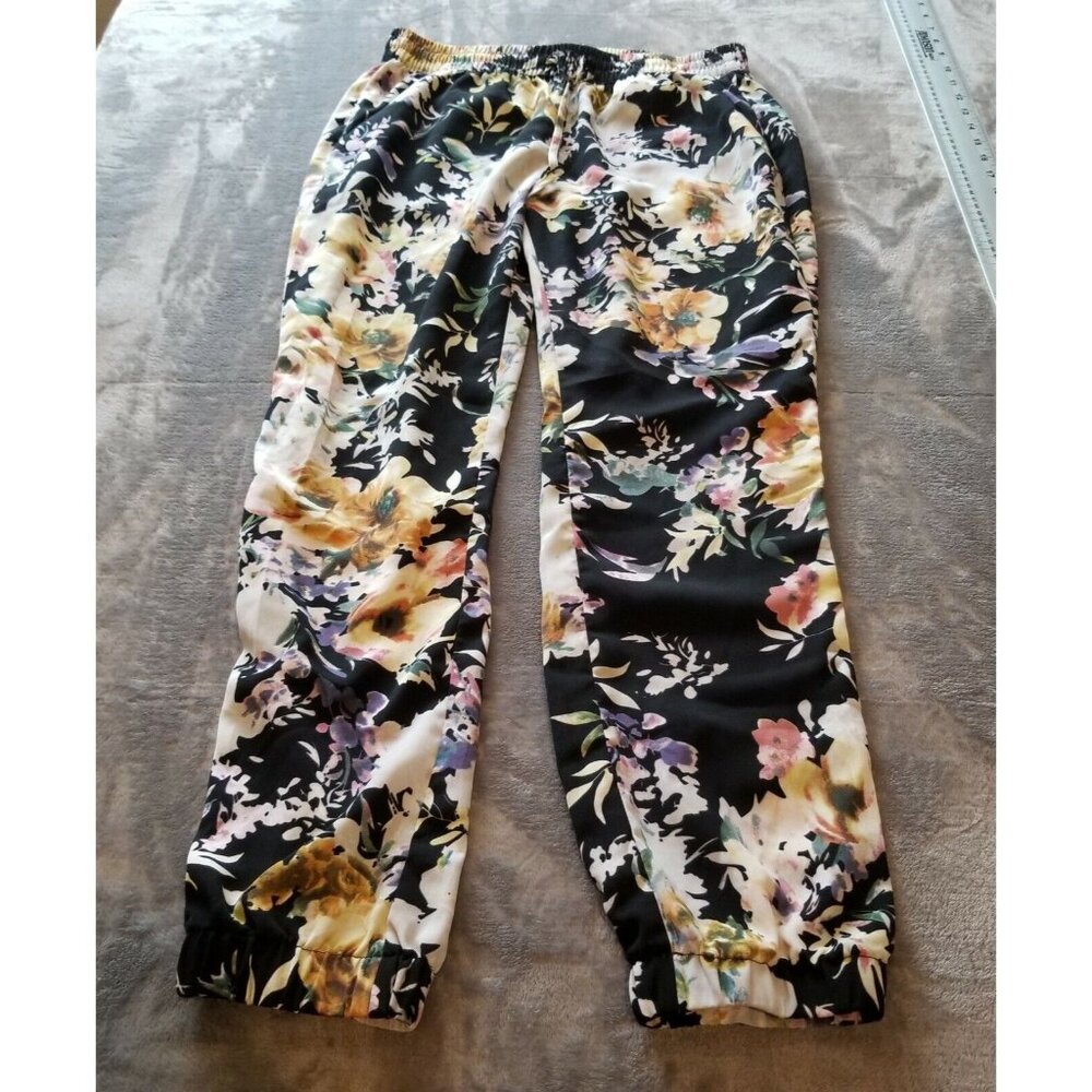 Buffalo David Bitton Women Straight Pants Mid Rise Elastic Waist Floral Black XS